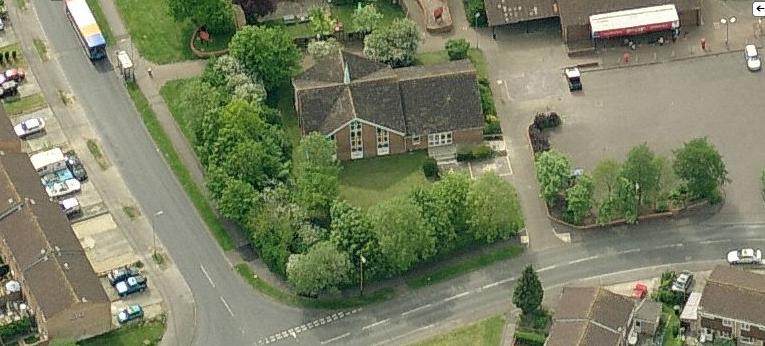 Aerial view of church looking west.